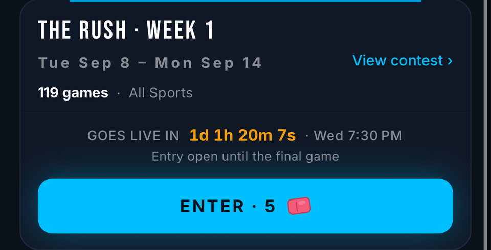 A Rush contest card in the app: The Rush, Week 1, Tue Sep 8 to Mon Sep 14, 119 games, all sports, with an Enter for 5 Tickets button.