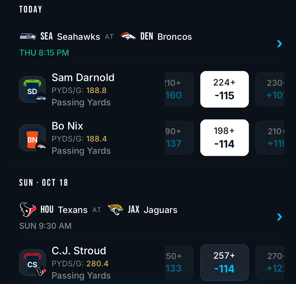 The Rush Board in the app, NFL passing yards: Seahawks at Broncos on Thursday at 8:15 PM with Sam Darnold 224+ at -115 and Bo Nix 198+ at -114, then Texans at Jaguars on Sunday at 9:30 AM with C.J. Stroud 257+ at -114.